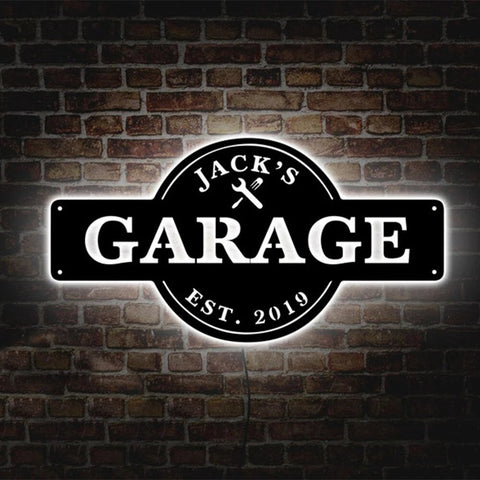 Image of Custom LED Neon Wooden Garage Sign - Personalized and Color Changing