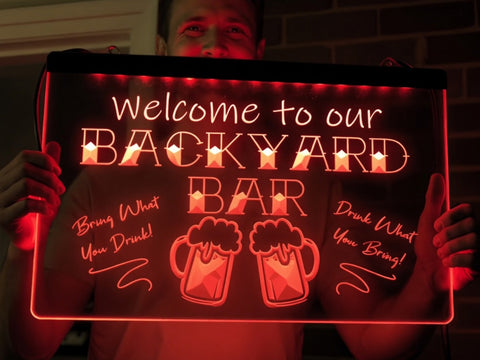 Image of Welcome To Our Backyard Bar Illuminated Sign
