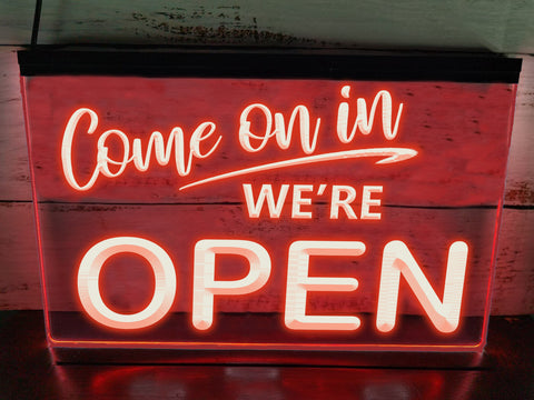Image of Come on in We're Open LED neon sign in red
