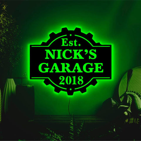 Image of Personalized LED Neon Wooden Cog Shape Garage Sign