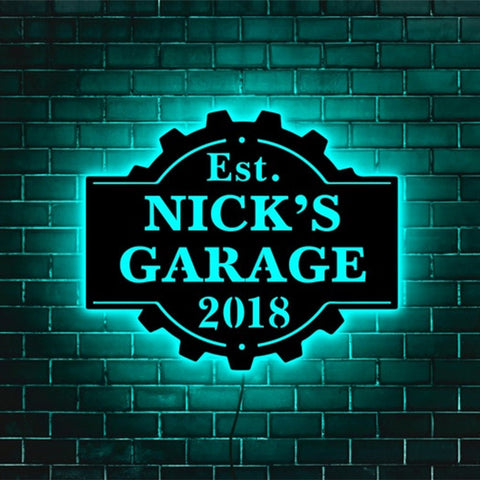 Image of Personalized LED Neon Wooden Cog Shape Garage Sign
