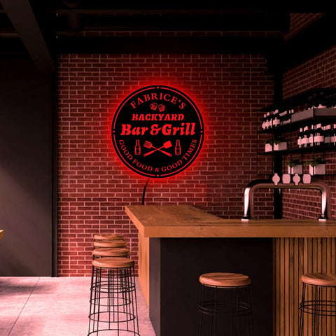 Image of Personalized Backyard Bar & Grill LED Neon Wooden Sign