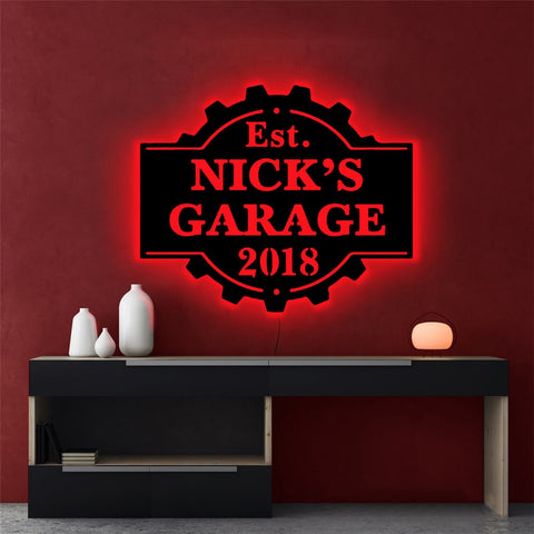 Image of Personalized LED Neon Wooden Cog Shape Garage Sign