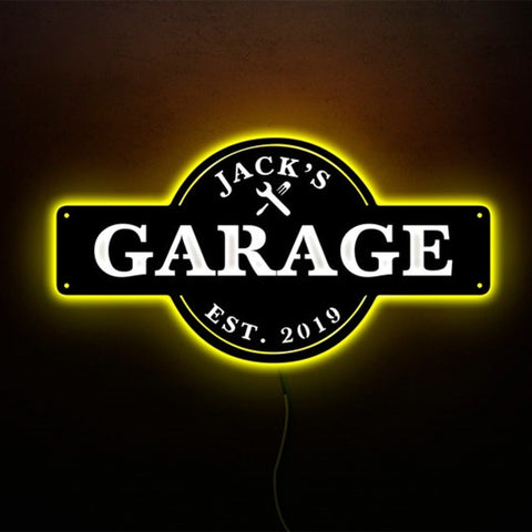 Image of Custom LED Neon Wooden Garage Sign - Personalized and Color Changing