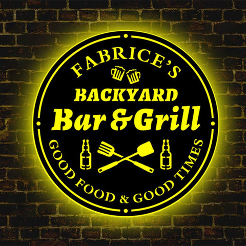 Image of Personalized Backyard Bar & Grill LED Neon Wooden Sign