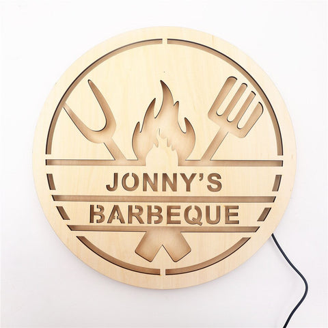 Image of Custom LED Neon Wooden Barbeque Sign - Personalized and Color Changing