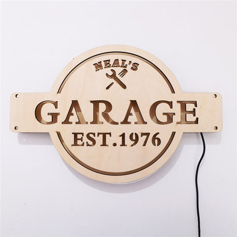 Image of Custom LED Neon Wooden Garage Sign - Personalized and Color Changing