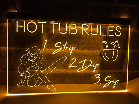 Image of Hot Tub Rules LED neon sign in yellow