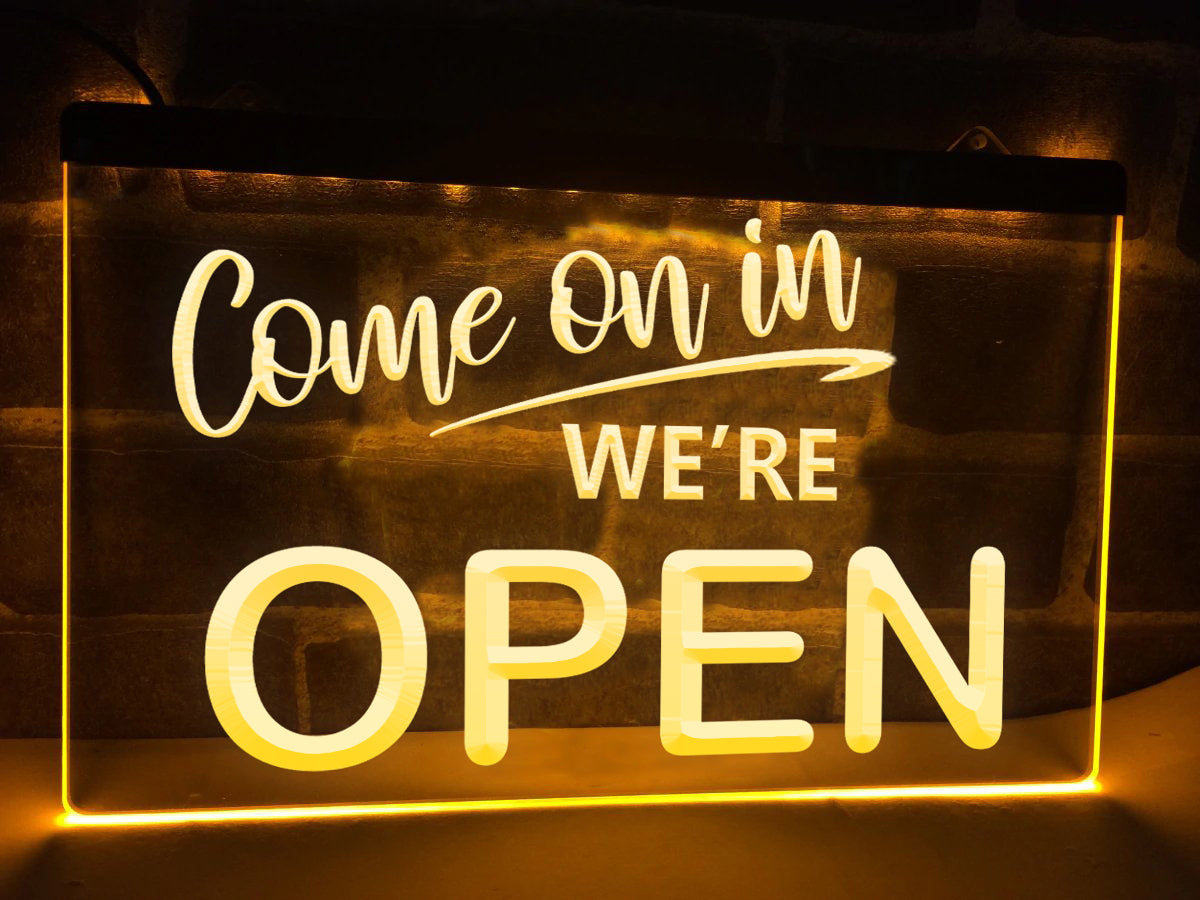 Come on in We're Open LED neon sign in yellow