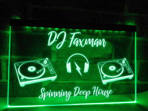 Image of DJ Spinning Your Music Personalized LED neon sign in green