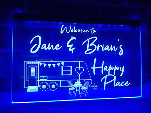 Image of Happy place personalized caravan trailer sign blue