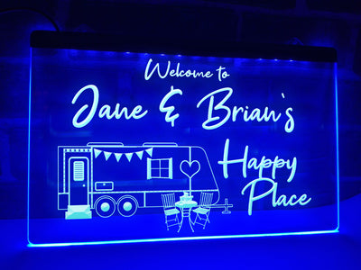 Happy place personalized caravan trailer sign blue