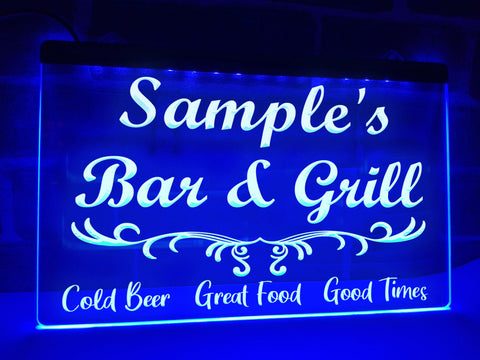 Image of Bar and Grill Personalized LED Neon Sign in Blue