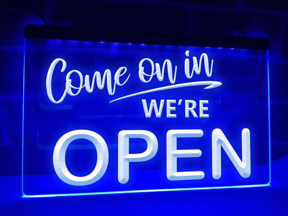 Come on in We're Open LED neon sign in blue