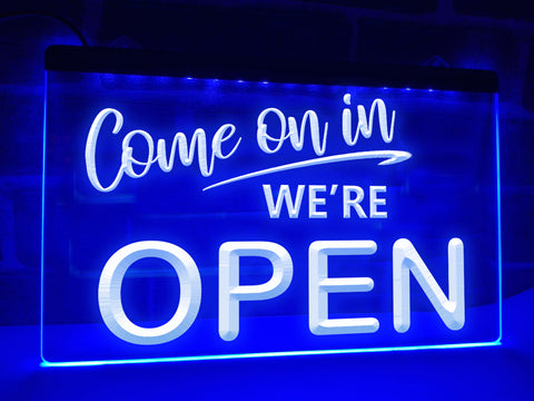 Image of Come on in We're Open LED neon sign in blue