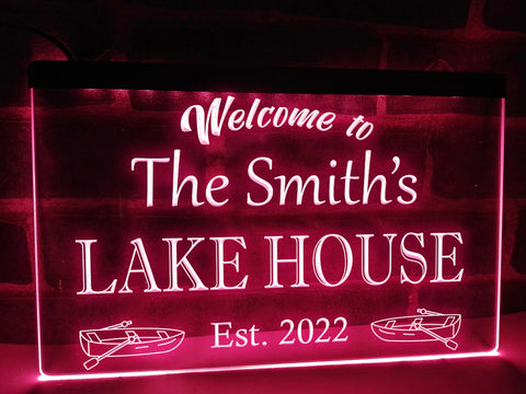 Image of Welcome to the Lake House Personalized LED Neon Sign in pink