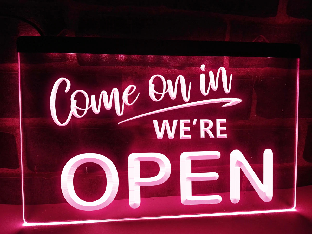Come on in We're Open LED neon sign in pink