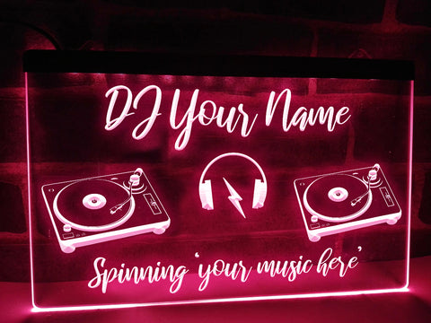 Image of DJ Spinning Your Music Personalized LED neon sign in pink