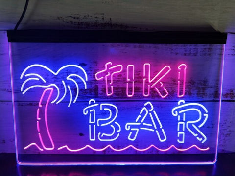 Image of Tiki Bar Palm and Sea Two Tone Illuminated Sign