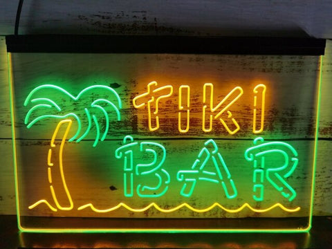 Image of Tiki Bar Palm and Sea Two Tone Illuminated Sign