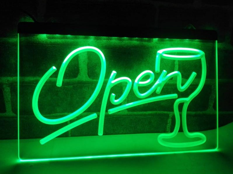 Open Wine Bar Store LED Neon Sign in green