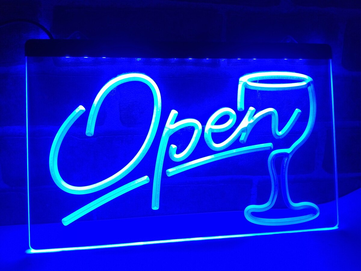 Open Wine Bar Store LED Neon Sign in blue