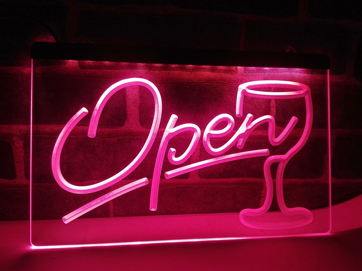 Open Wine Bar Store LED Neon Sign in pink