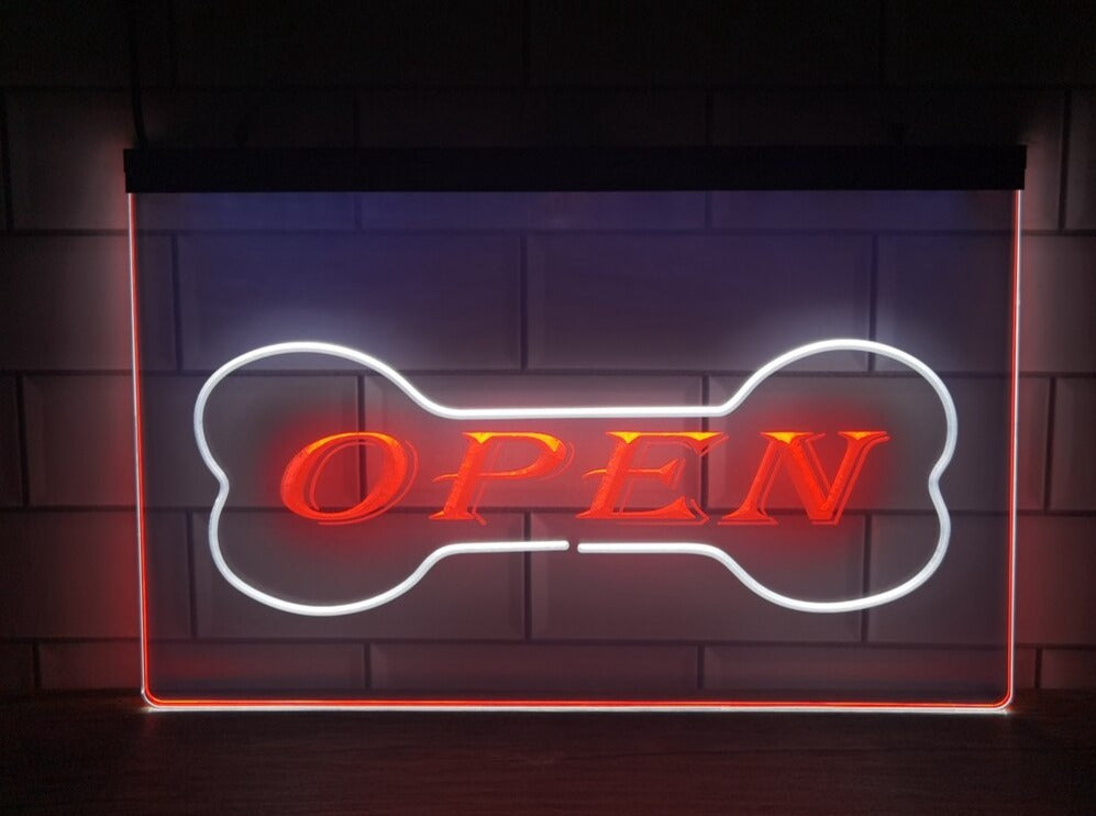 Open Dog Bone Pet Shop Two Tone Illuminated Sign