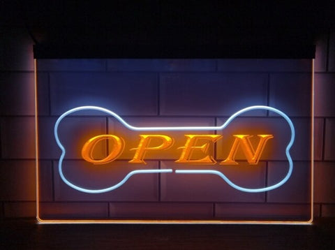 Image of Open Dog Bone Pet Shop Two Tone Illuminated Sign