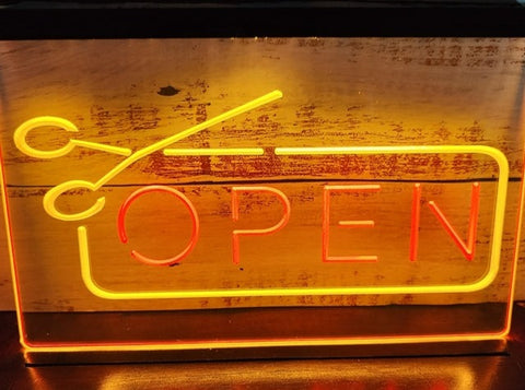 Image of Open Scissors Barbers Hairdressers Two Tone Illuminated Sign