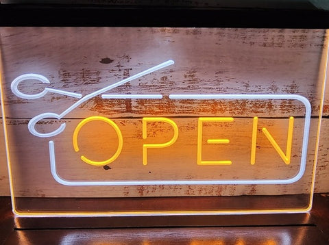 Image of Open Scissors Barbers Hairdressers Two Tone Illuminated Sign
