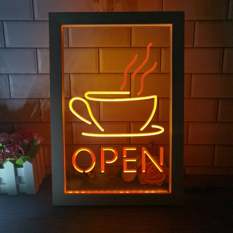Image of Open Coffee Shop Café Two Tone Sign - Luxury Framed Edition