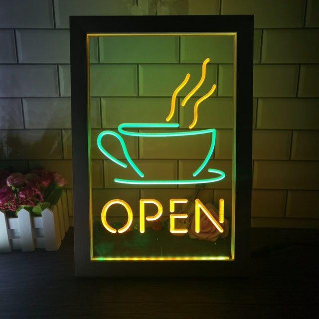 Open Coffee Shop Café Two Tone Sign - Luxury Framed Edition