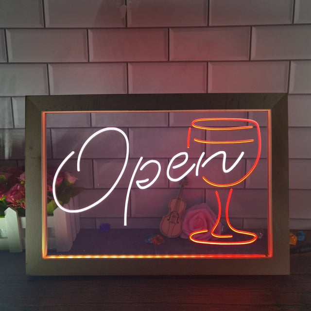 Open Wine Glass Two Tone Sign - Luxury Framed Edition