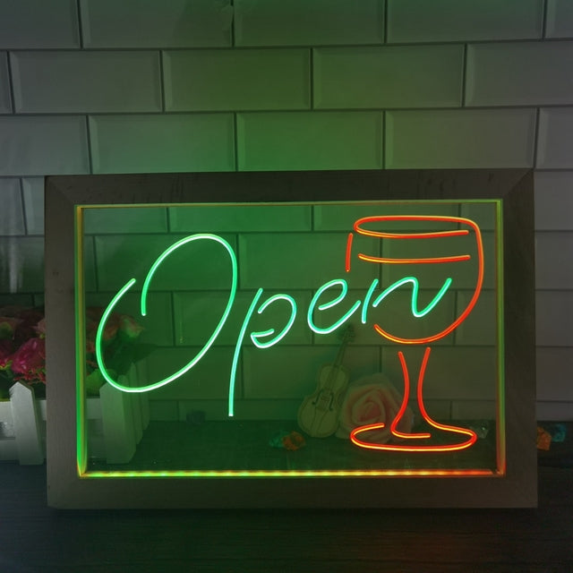 Open Wine Glass Two Tone Sign - Luxury Framed Edition