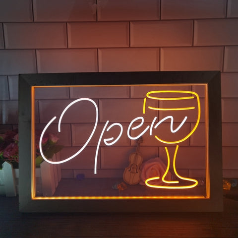 Image of Open Wine Glass Two Tone Sign - Luxury Framed Edition