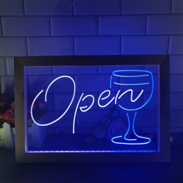 Open Wine Glass Two Tone Sign - Luxury Framed Edition