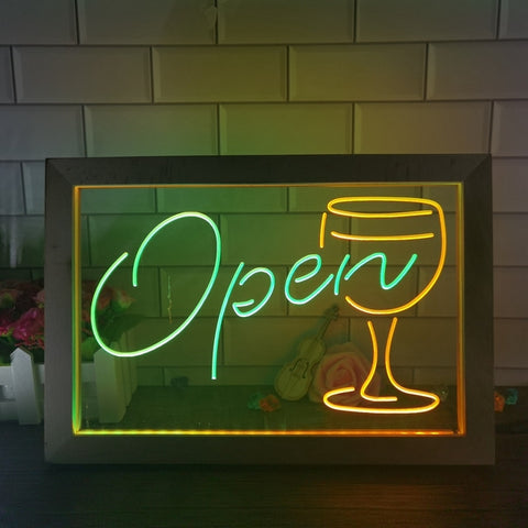 Image of Open Wine Glass Two Tone Sign - Luxury Framed Edition