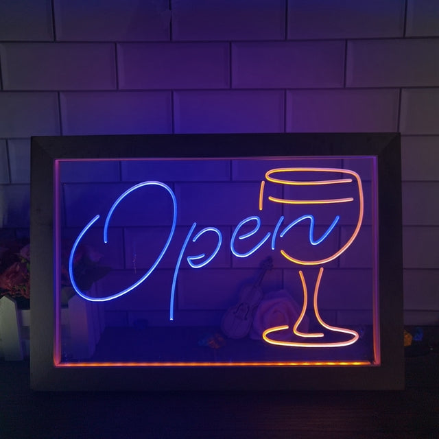 Open Wine Glass Two Tone Sign - Luxury Framed Edition