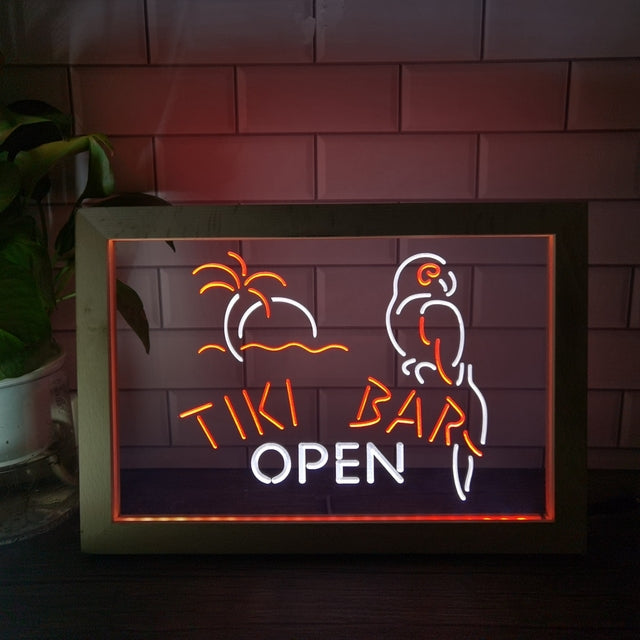 Tiki Bar Open Two Tone Sign - Luxury Framed Edition