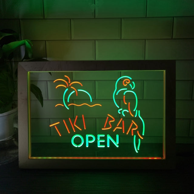Tiki Bar Open Two Tone Sign - Luxury Framed Edition