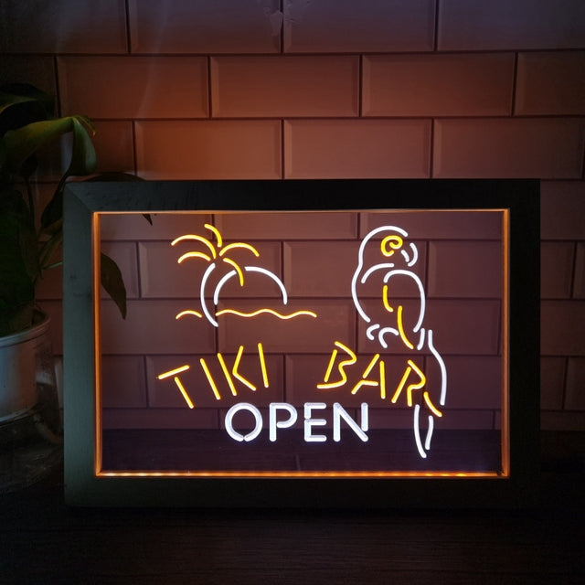 Tiki Bar Open Two Tone Sign - Luxury Framed Edition