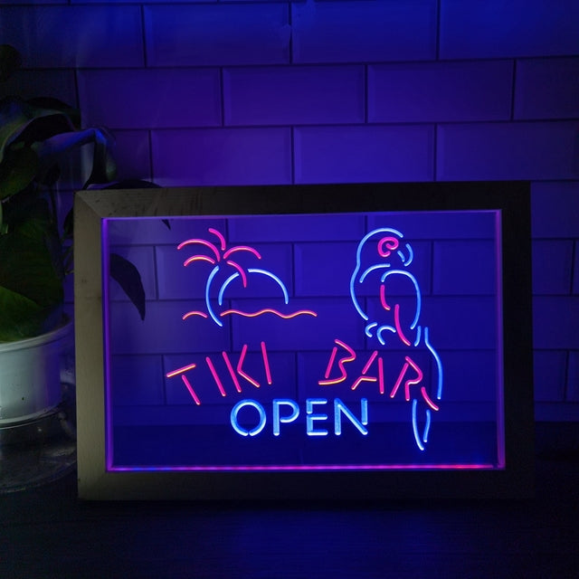 Tiki Bar Open Two Tone Sign - Luxury Framed Edition