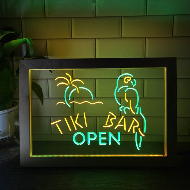 Tiki Bar Open Two Tone Sign - Luxury Framed Edition