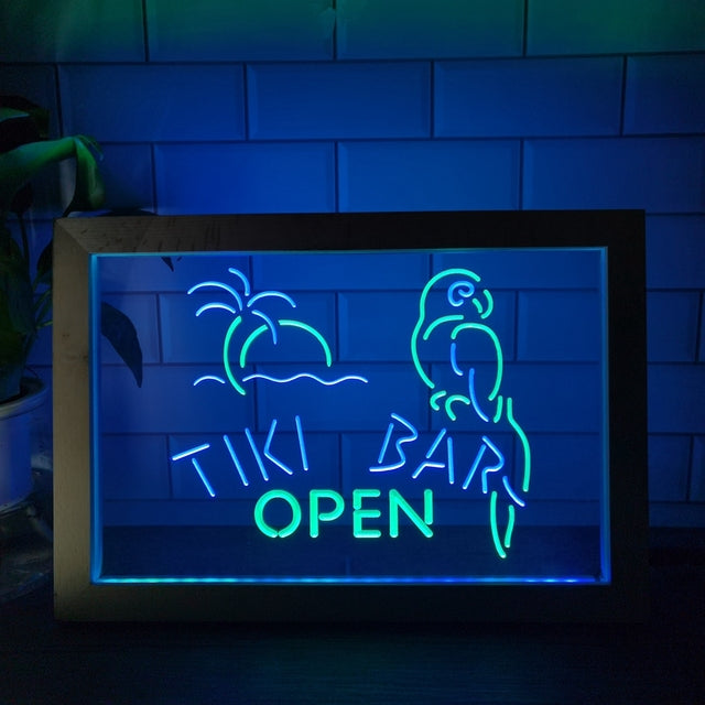 Tiki Bar Open Two Tone Sign - Luxury Framed Edition