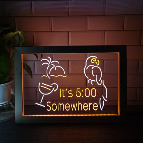 Image of It's Five Somewhere Parrot Two Tone Sign - Luxury Framed Edition