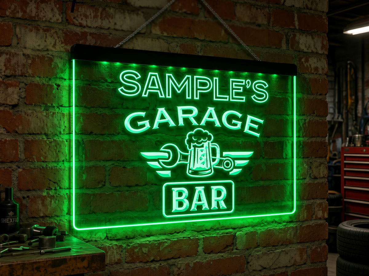 Personalized garage bar LED sign in green