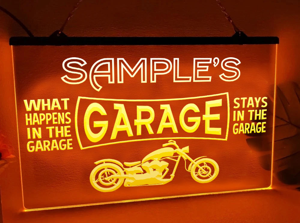 Personalized motorcycle garage LED neon sign in orange