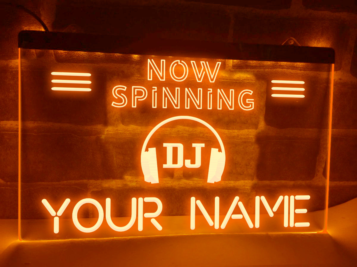 Personalized DJ Spinning LED neon sign in orange