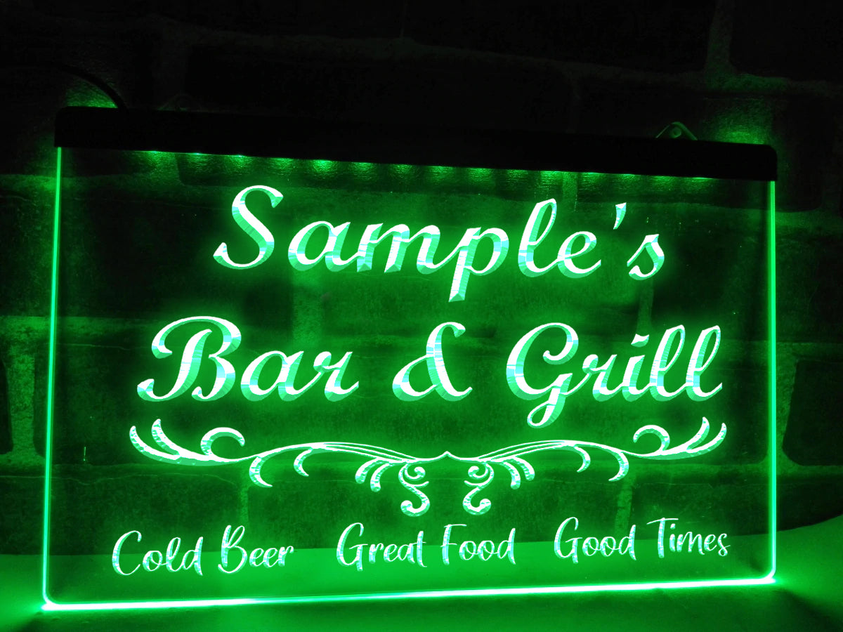 Bar and Grill Personalized LED Neon Sign in Green